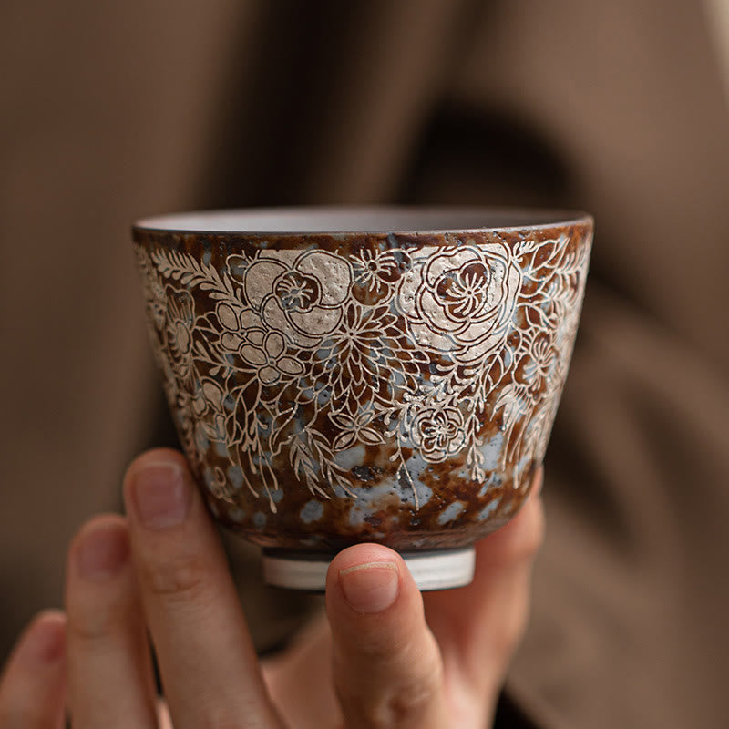 Brown Flowers Ceramic Teacup 100ml Home Accent