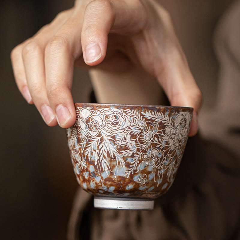 Brown Flowers Ceramic Teacup 100ml Home Accent
