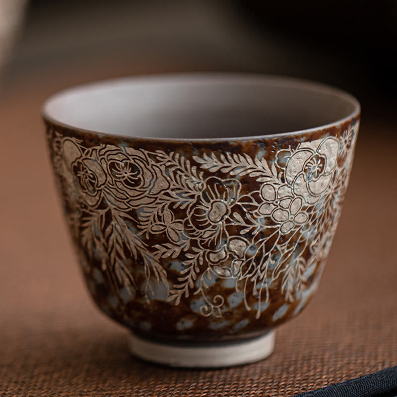 Brown Flowers Ceramic Teacup 100ml Home Accent