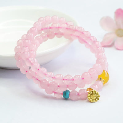 6mm Pink Crystal Lotus Bracelet for Women with Yellow Chalcedony
