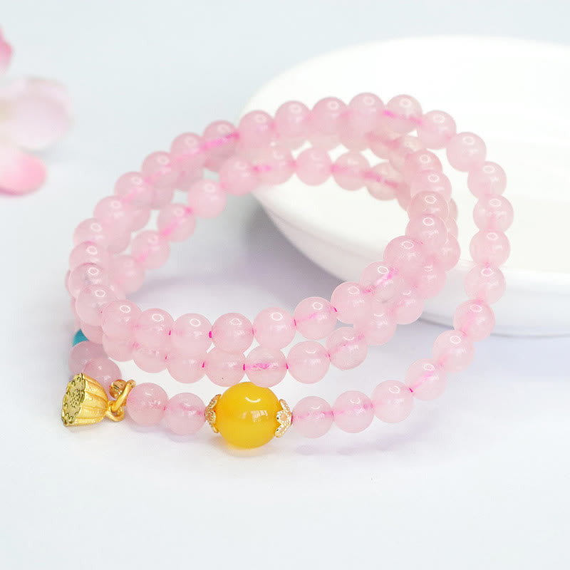6mm Pink Crystal Lotus Bracelet for Women with Yellow Chalcedony