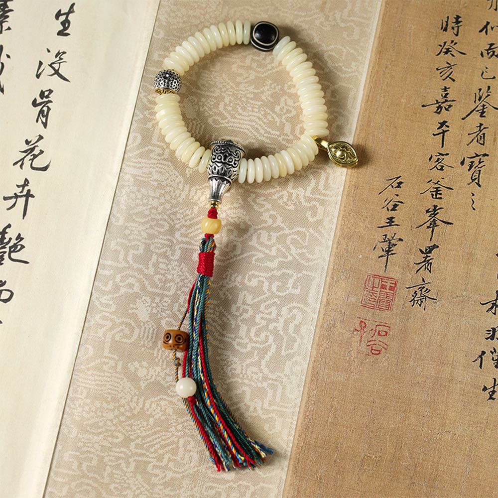 3x10mm White Bodhi Seed Wisdom Tassel Wrist Mala Bracelet
