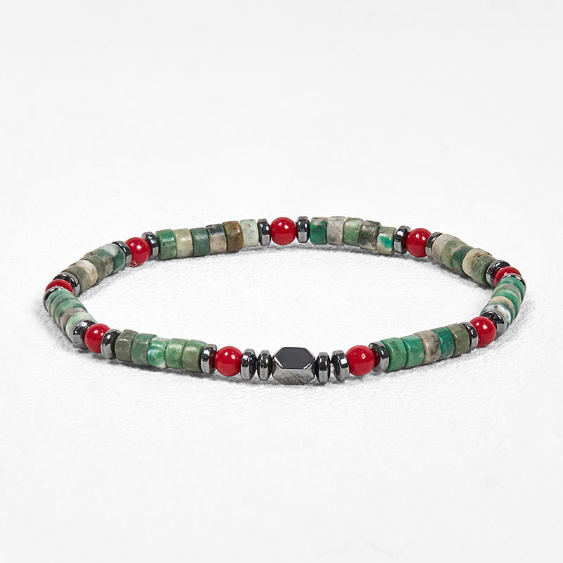 4.2mm Green Stone Hematite Red Coral Power Bracelet