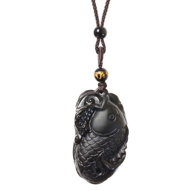 Black Obsidian Necklace Pendant with Amphioxus Symbol for Strength