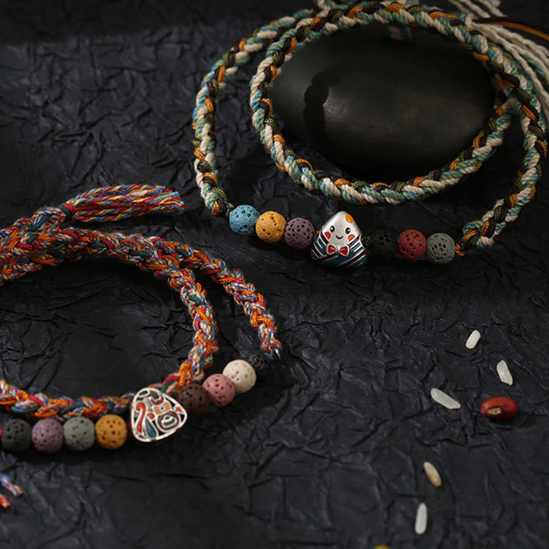Unisex Lava Rock Fu Character Luck Braided Bracelet