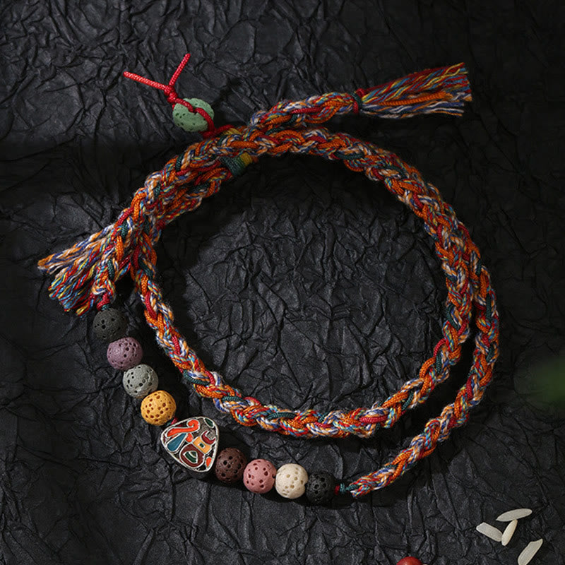 Unisex Lava Rock Fu Character Luck Braided Bracelet