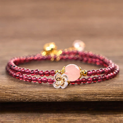 Bracelet double tour calme en grenat rose et cristal 15-16 cm