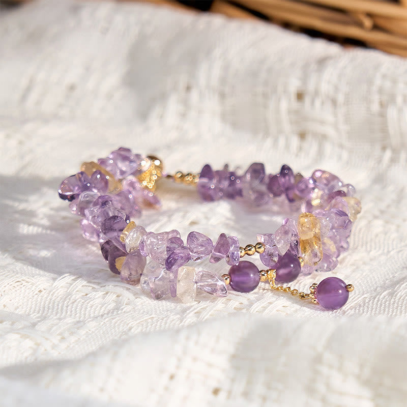 Bracelet de méditation double couche en améthyste et citrine de 15 à 16 cm