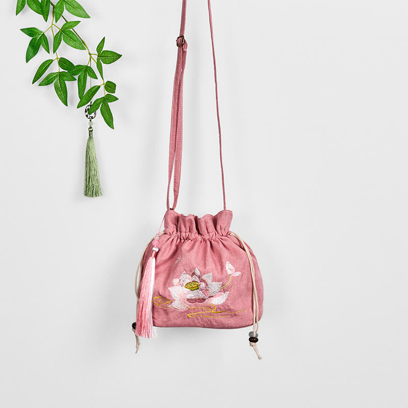 Pink Lotus Cotton Linen Crossbody Bag 19x20x10cm