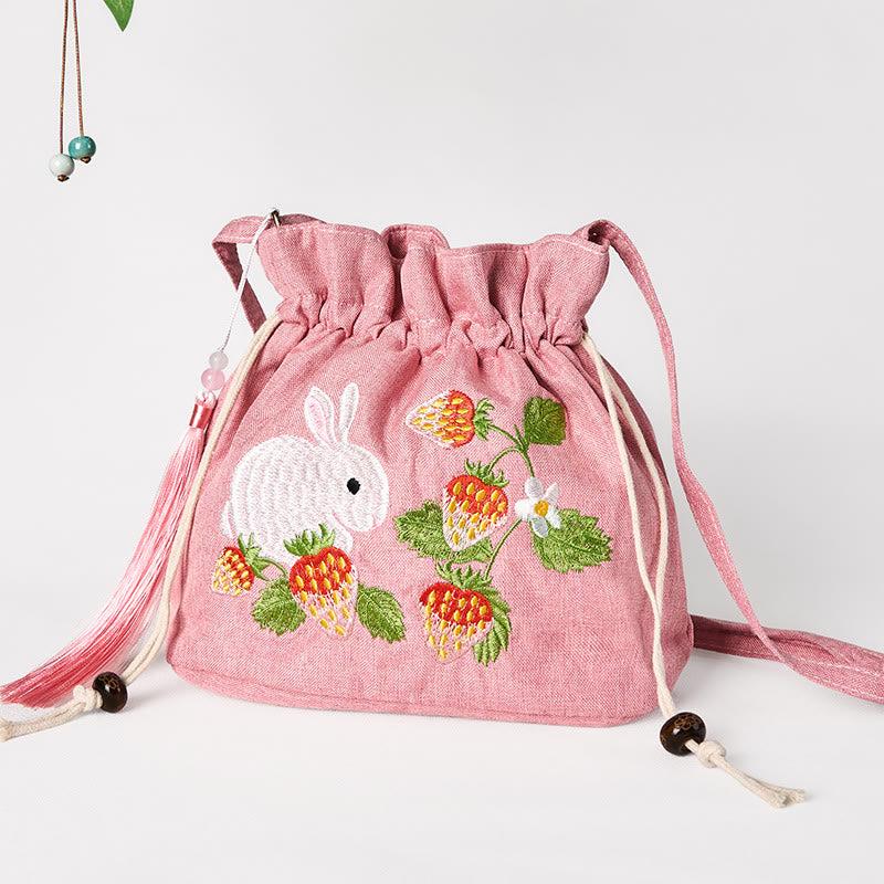Pink Strawberry Rabbit Cotton Linen Yoga Bag with Adjustable Strap
