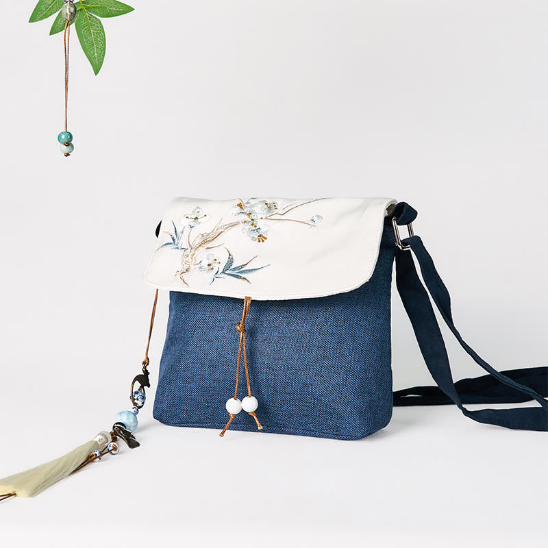 Dark Blue Plum Embroidered Spiritual Accessories Canvas Backpack