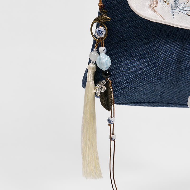 Dark Blue Plum Embroidered Spiritual Accessories Canvas Backpack