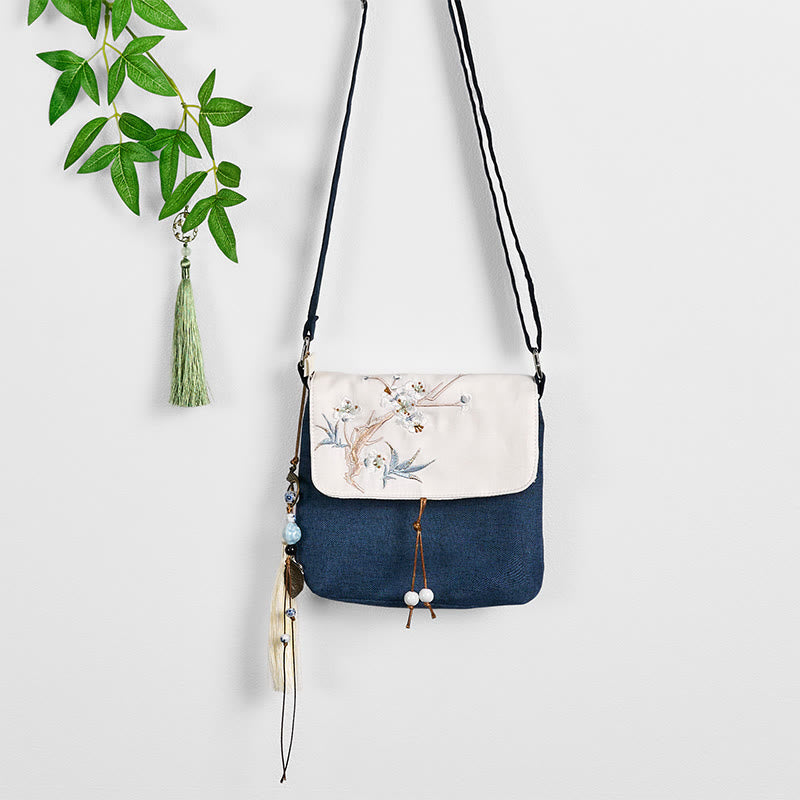 Dark Blue Plum Embroidered Spiritual Accessories Canvas Backpack