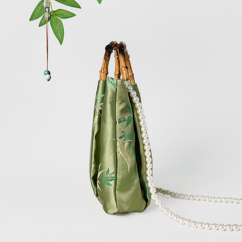 Green Bamboo Handle Pearl Crossbody Bag with Embroidery Leaves Design