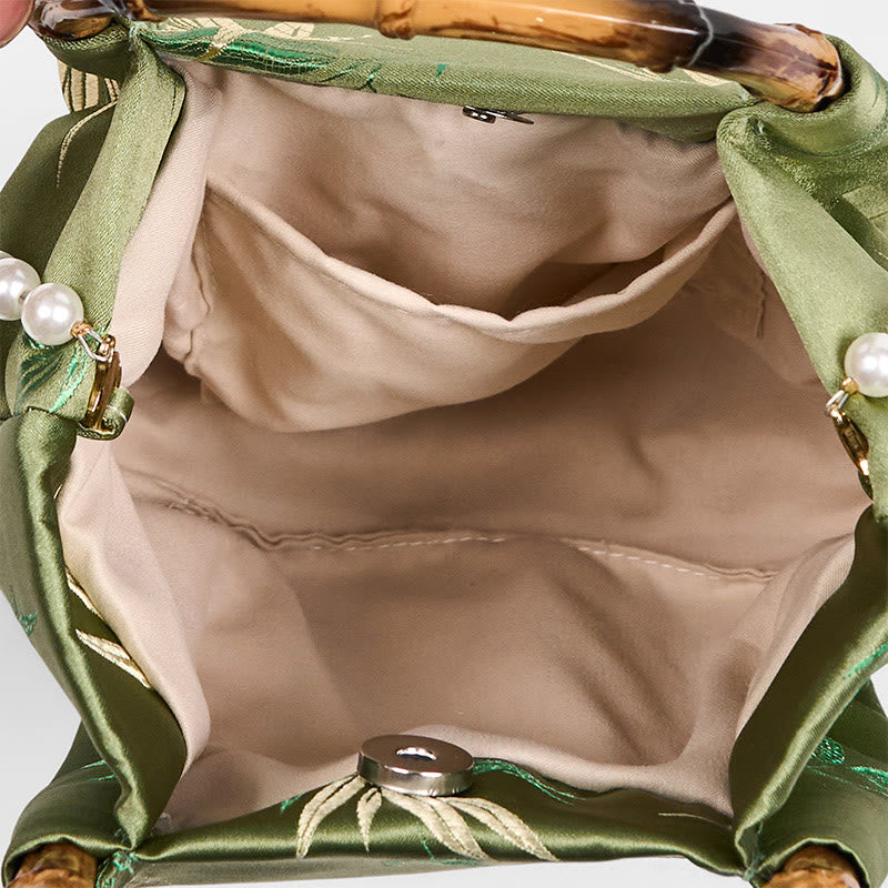 Green Bamboo Handle Pearl Crossbody Bag with Embroidery Leaves Design