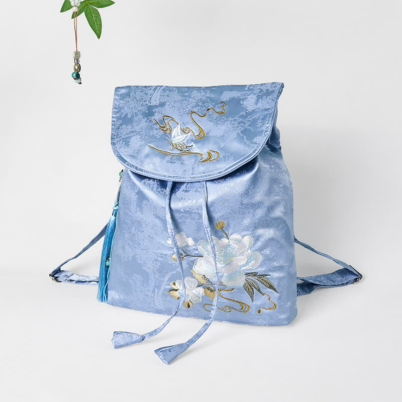 Large Blue Camellia Embroidered Backpack | Spiritual Accessories