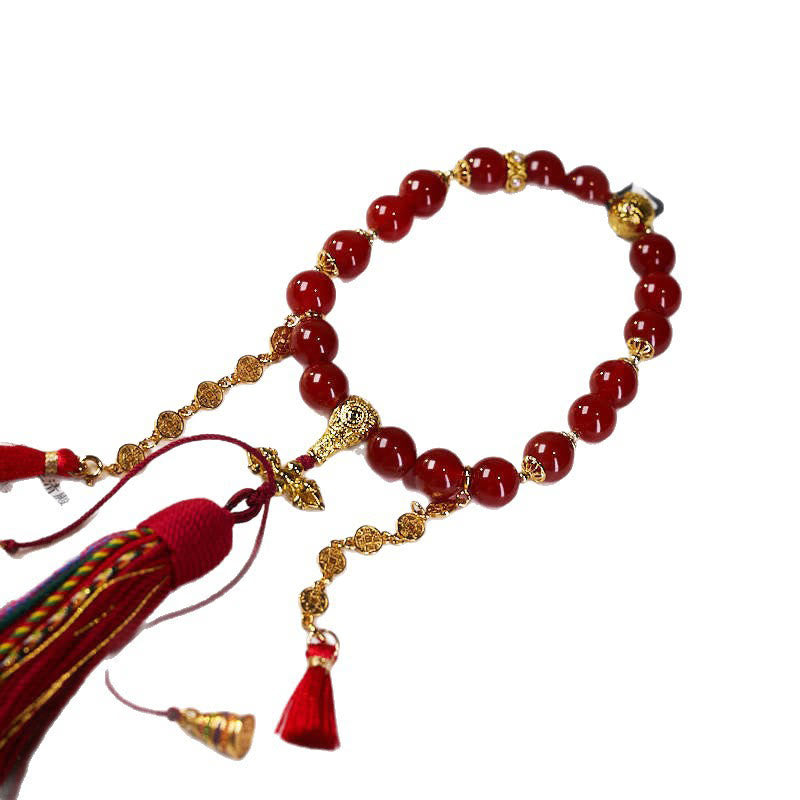 Red Agate 18-Beads Copper Coins Wrist Mala for Calm and Confidence