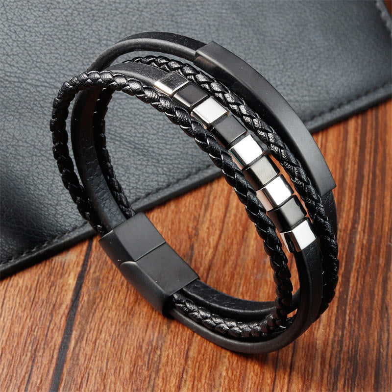 Black Multi-layer Titanium Steel Leather Spiritual Bracelet for Calm