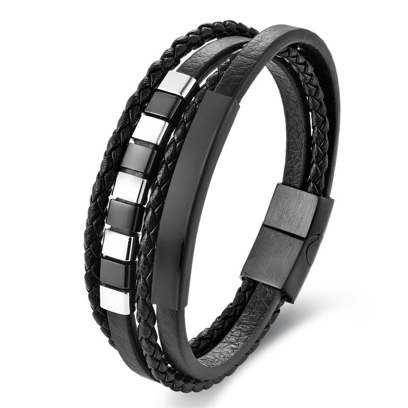 Black Multi-layer Titanium Steel Leather Spiritual Bracelet for Calm