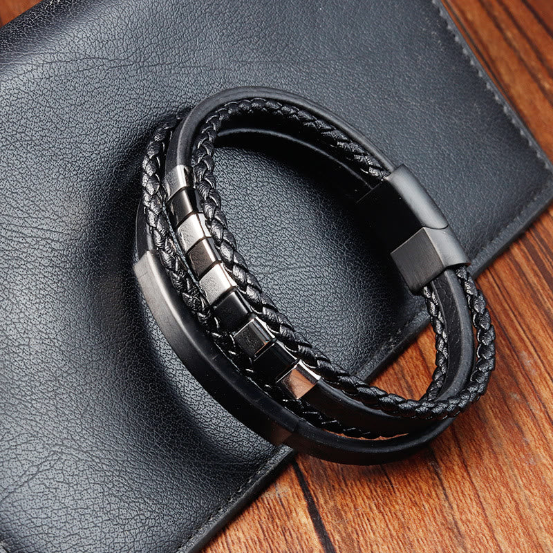 Black Multi-layer Titanium Steel Leather Spiritual Bracelet for Calm