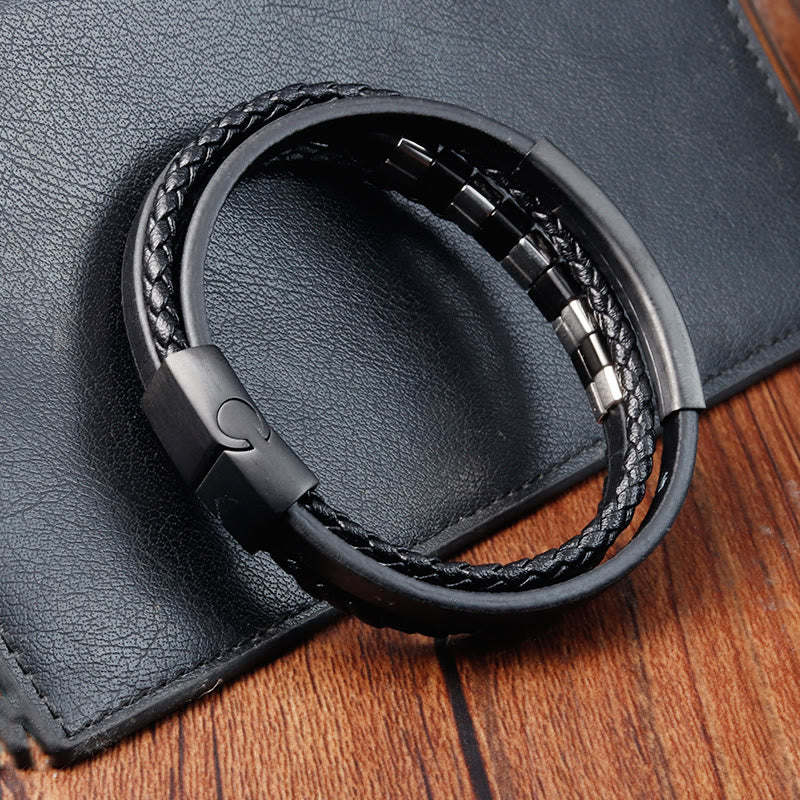 Black Multi-layer Titanium Steel Leather Spiritual Bracelet for Calm