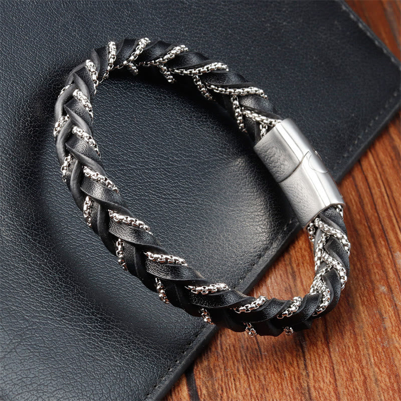 Titanium Steel Calm Spiritual Bracelet with Braided Leather