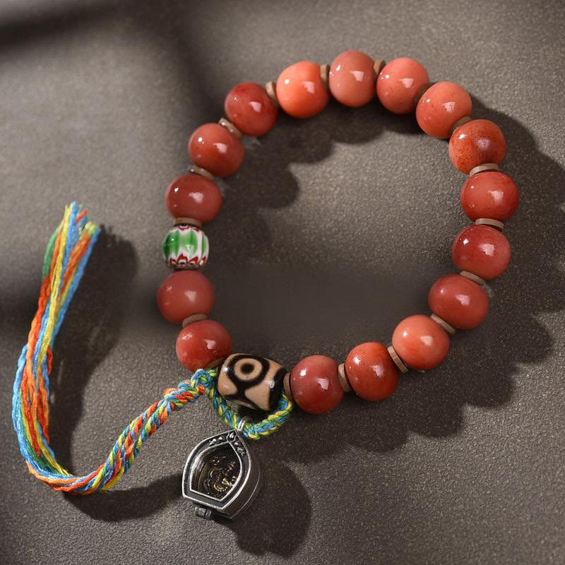 Vintage Tibetan Camel Bone Tassel Agate Bracelet for Luck