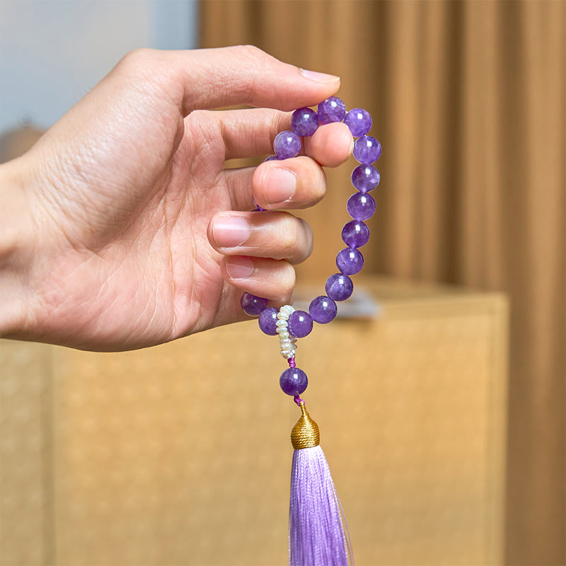Amethyst Bracelet for Meditation with Pearl Tassels