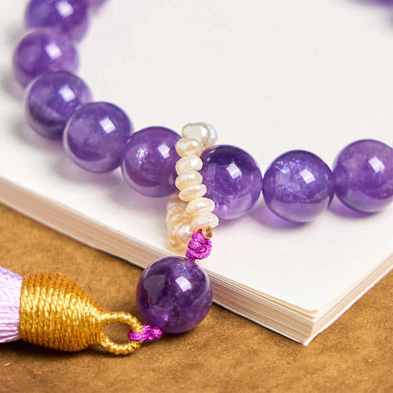 Amethyst Bracelet for Meditation with Pearl Tassels