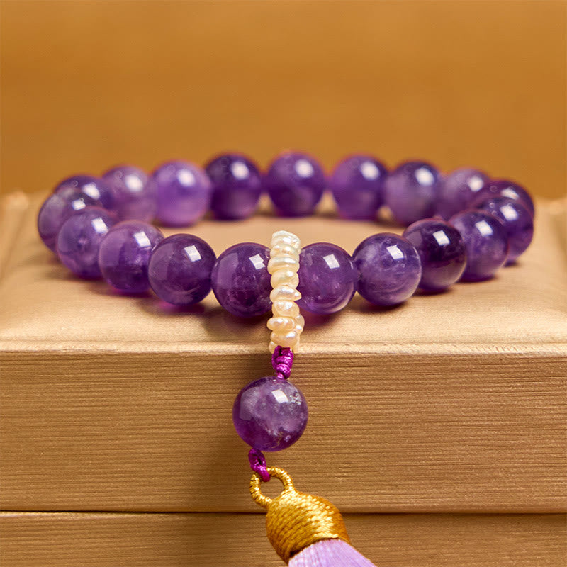 Amethyst Bracelet for Meditation with Pearl Tassels