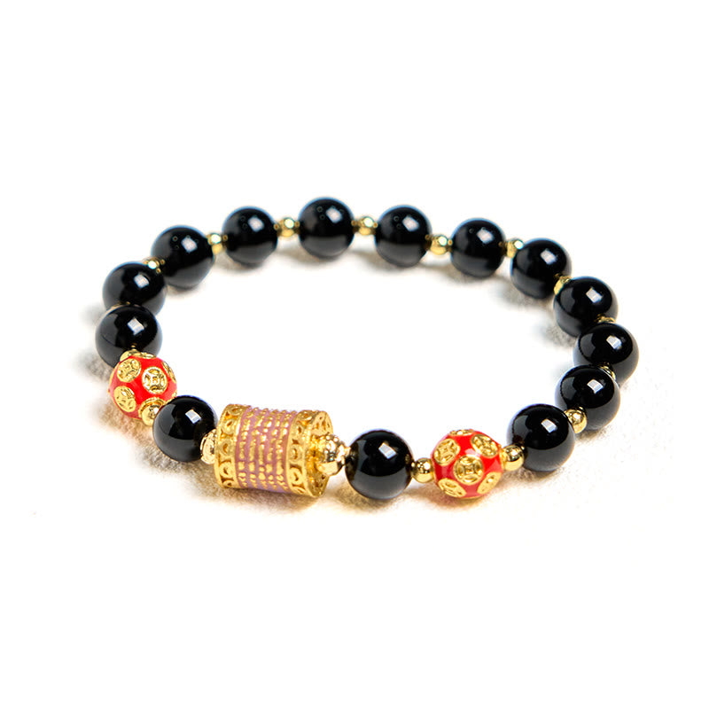 8mm Black Onyx Fortune Bracelet with Copper Coins