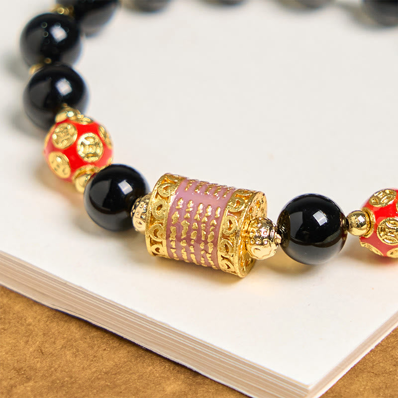 8mm Black Onyx Fortune Bracelet with Copper Coins