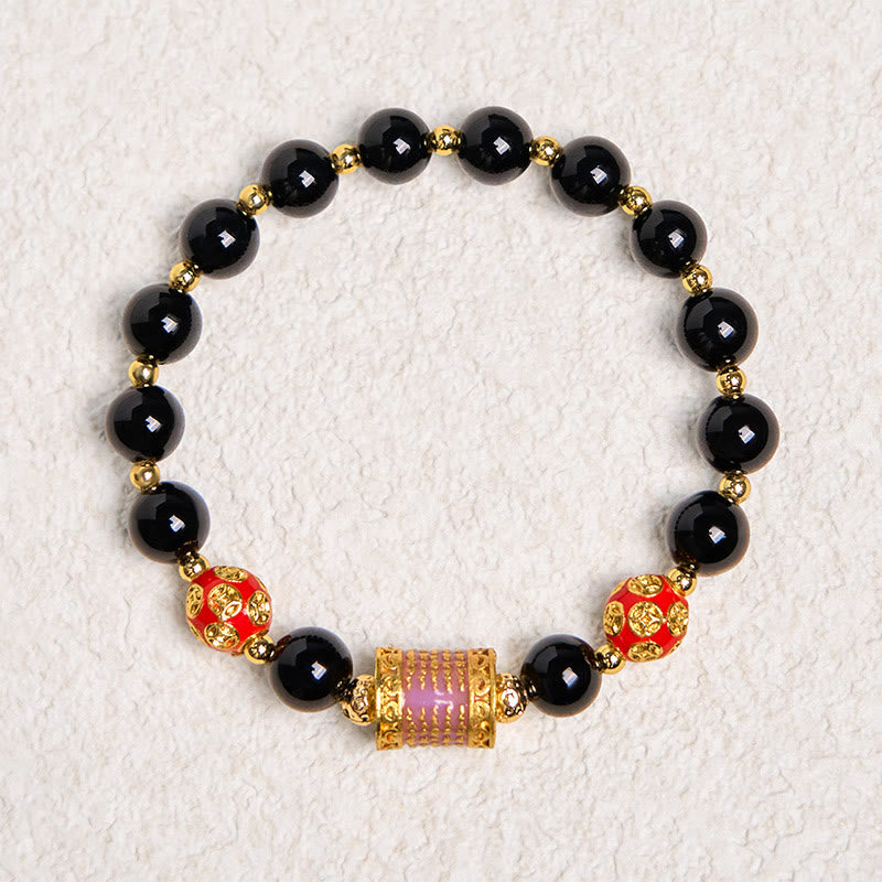 8mm Black Onyx Fortune Bracelet with Copper Coins