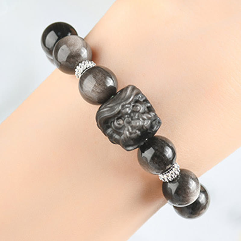8mm Silver Sheen Obsidian Lion Dance Protection Bracelet