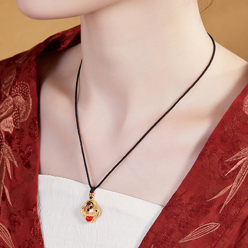 925 Sterling Silver Plum Blossom Cat Four Leaf Clover Blessing Necklace