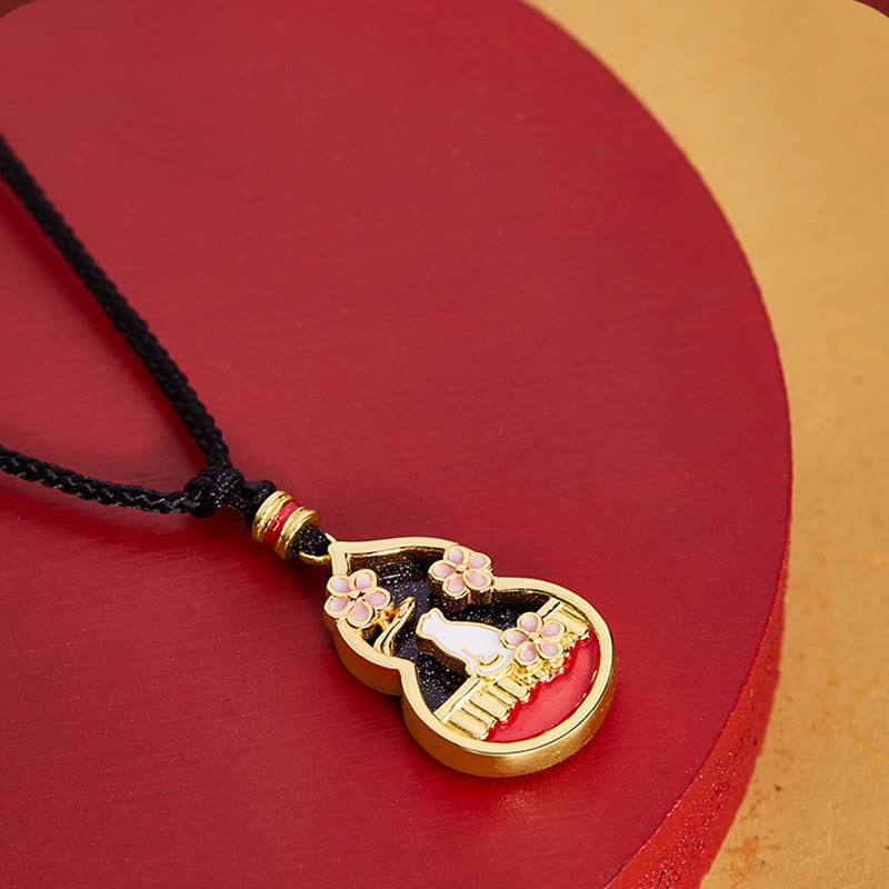 Sterling Silver Protection Necklace with Peach Blossom Cat Pendant