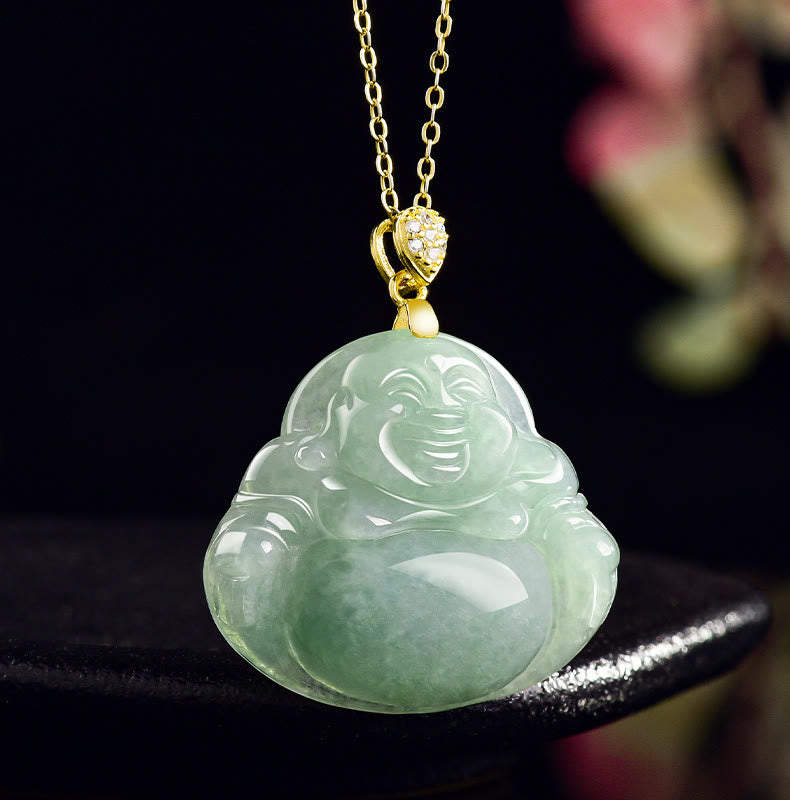 Jade Laughing Buddha Necklace in 925 Sterling Silver for Prosperity