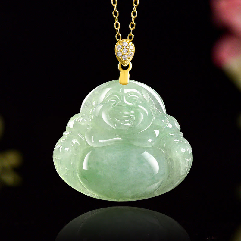 Jade Laughing Buddha Necklace in 925 Sterling Silver for Prosperity