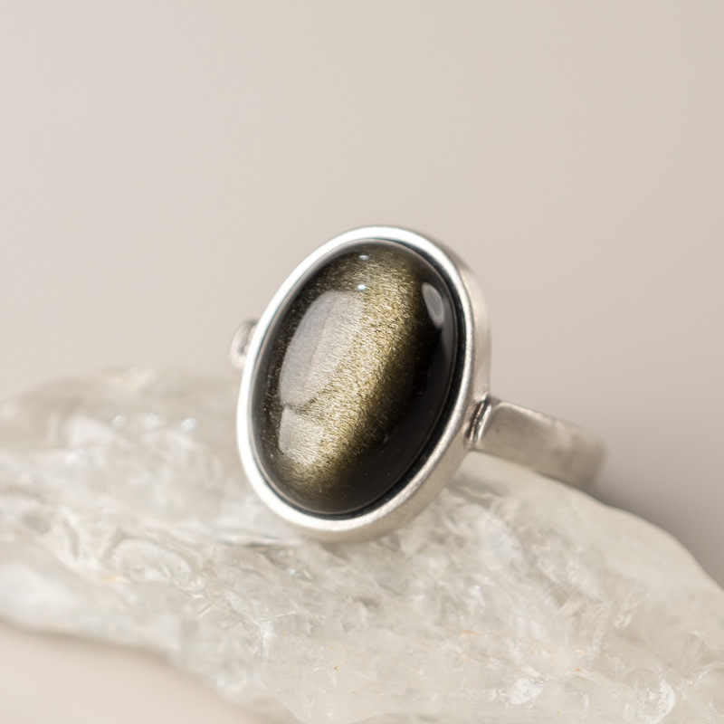Gold Sheen Obsidian Adjustable Ring 16x12mm for Wealth Protection