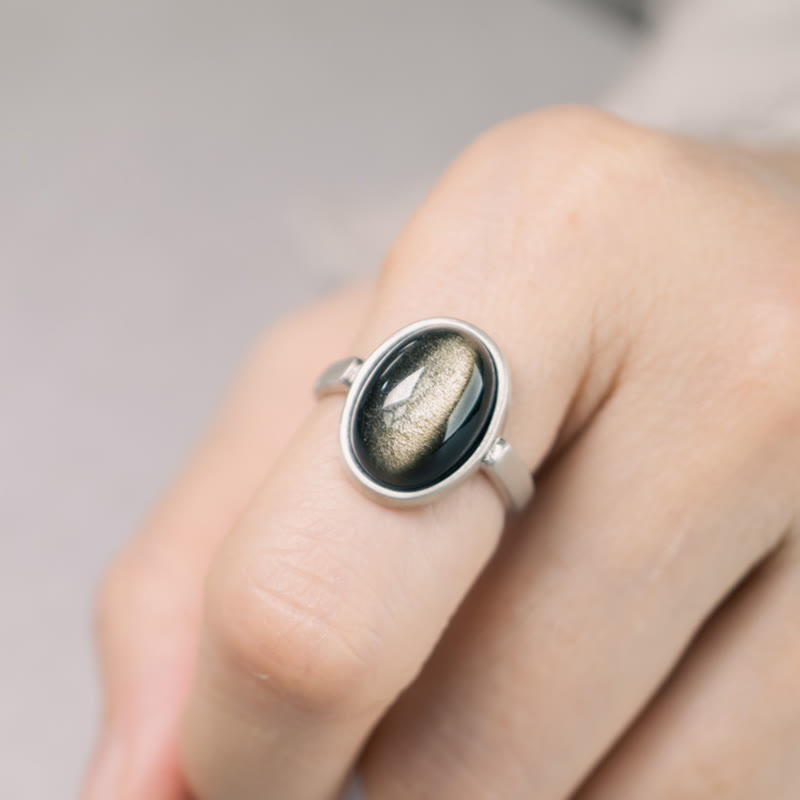 Gold Sheen Obsidian Adjustable Ring 16x12mm for Wealth Protection