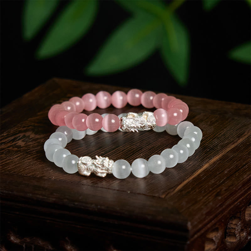 8mm White Cat's Eye Pixiu Bracelet for Luck & Protection