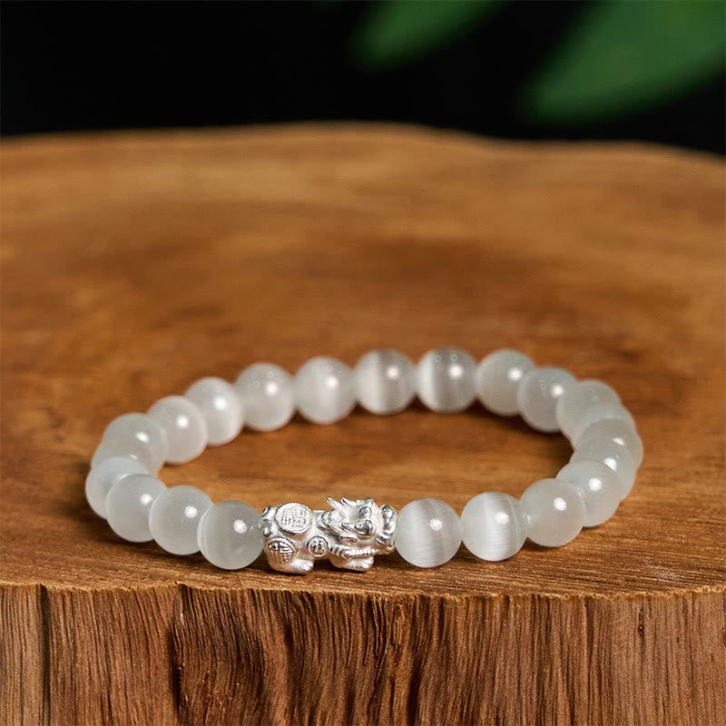 8mm White Cat's Eye Pixiu Bracelet for Luck & Protection
