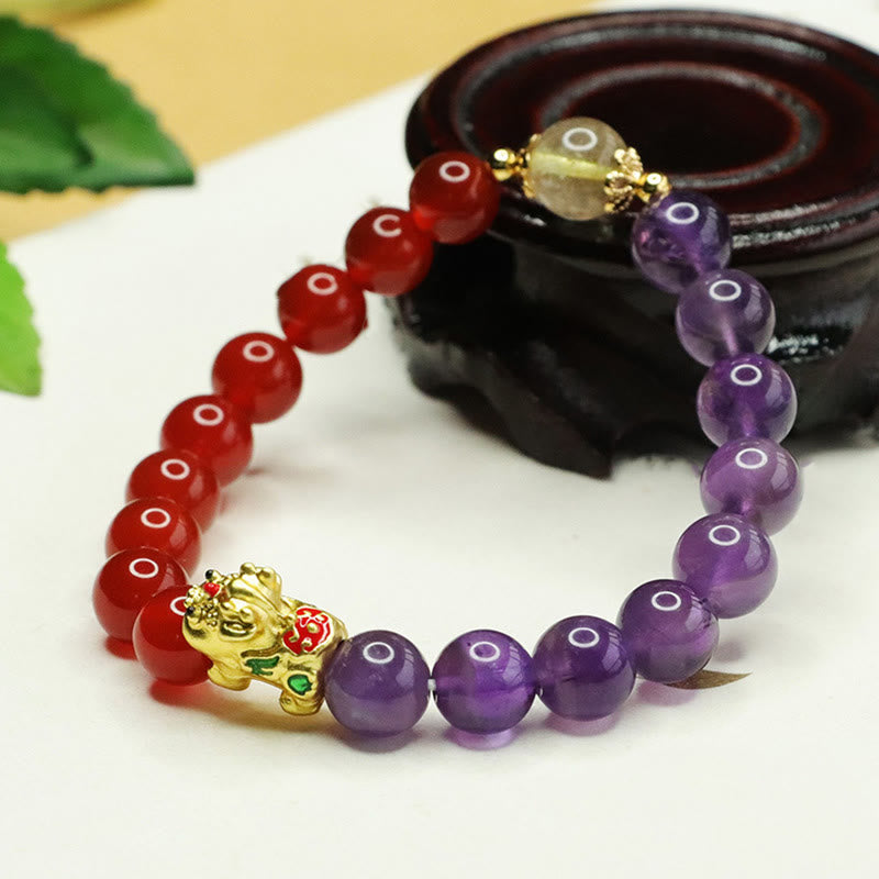 Bracelet Pixiu en améthyste et agate rouge pour l'équilibre et la chance