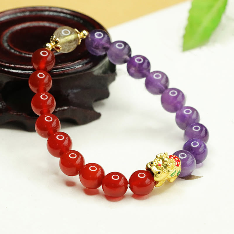 Bracelet Pixiu en améthyste et agate rouge pour l'équilibre et la chance