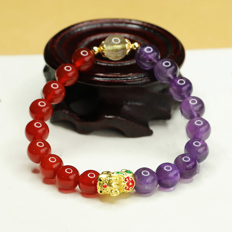 Bracelet Pixiu en améthyste et agate rouge pour l'équilibre et la chance