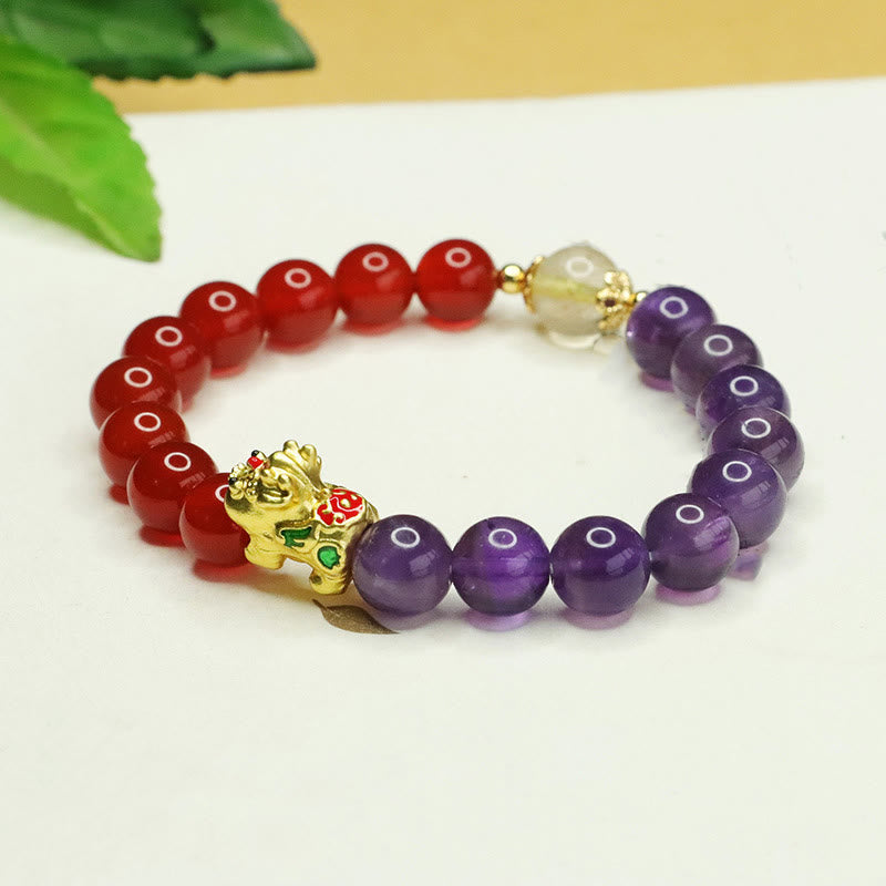 Bracelet Pixiu en améthyste et agate rouge pour l'équilibre et la chance
