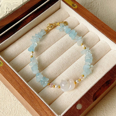 Bracelet de guérison en aigue-marine avec motif de chat mignon | Poignet de 15 cm