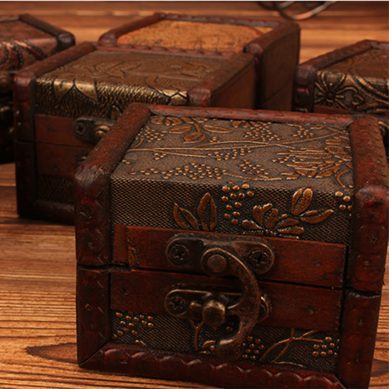 Retro Small Square Wood Jewelry Box with Lotus Design