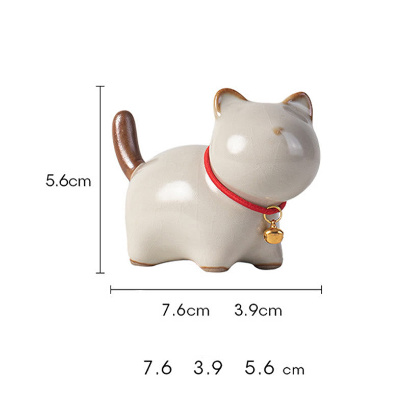 Mini Ceramic Lucky Cat Figurine with Red Rope Bell - Spiritual Animal Figurines