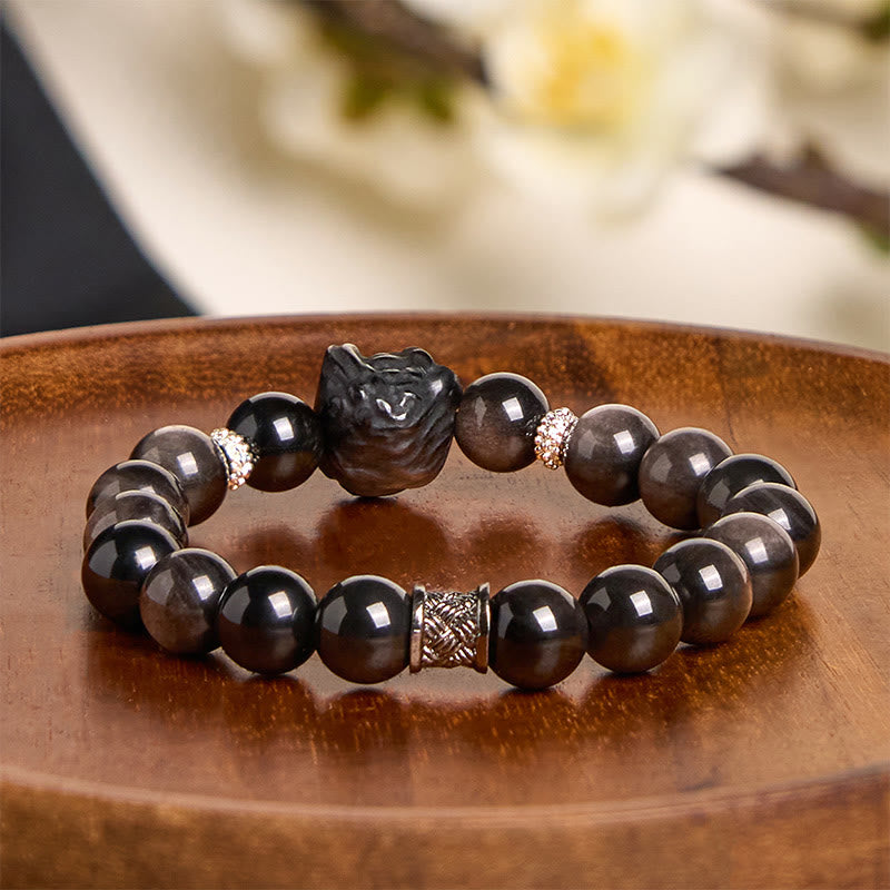 8mm Silver Sheen Obsidian Lion Dance Protection Bracelet